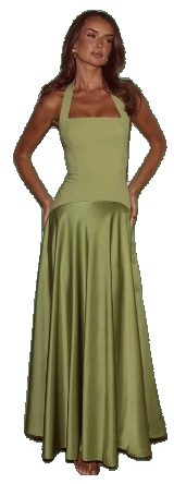 Olive satin maxi dress from the supplied outfit reference
