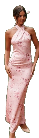 Dusty pink halter dress with a delicate floral print from the supplied reference