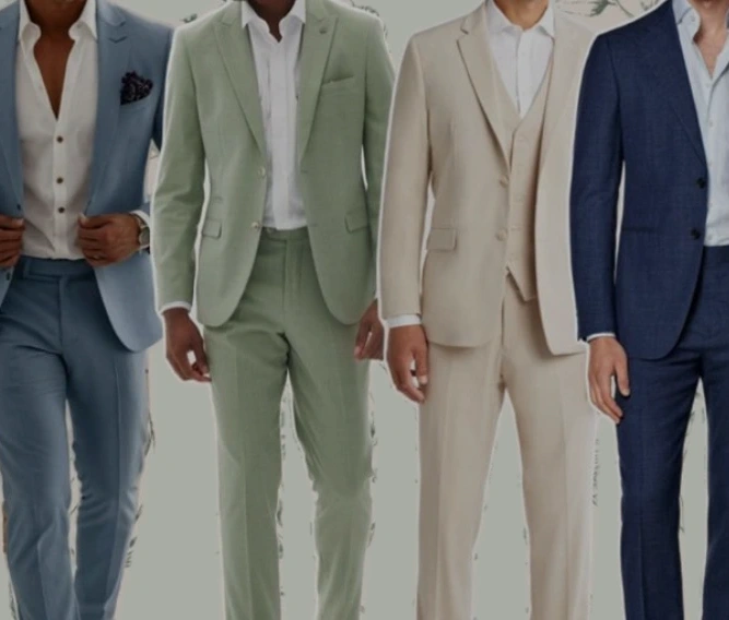 Fitted suits in blue, soft green, beige and navy from the supplied outfit reference
